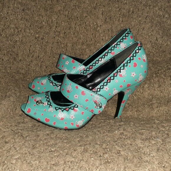 T.U.K. TUK-Rockabilly-Retro-Turquoise Mary Janes-Peep-Toe-Hearts/Anchors-Sz 7-EX - Picture 2 of 7